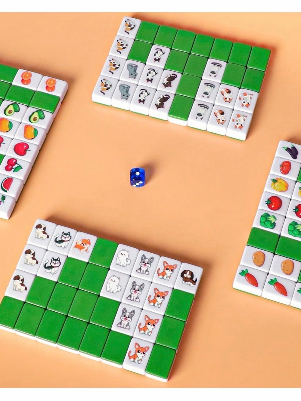 GRACIAS 4 Players Mahjong Block Set, 128 Green Tiles(1.18”) with Animal and Food - Picture 2 of 9